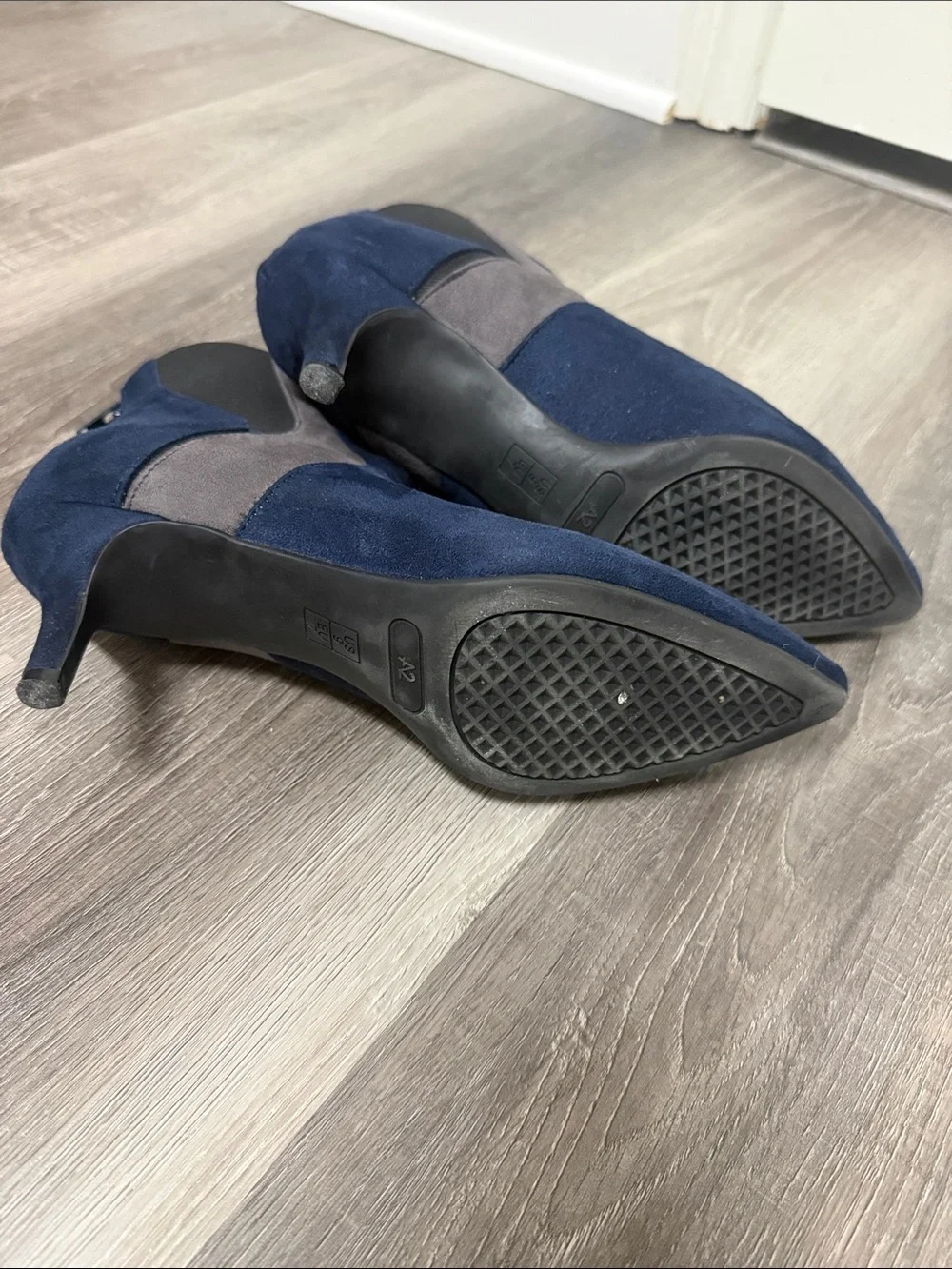 A2 By Aerosoles Navy Suede Pointed Ankle Booties with Gray Panels